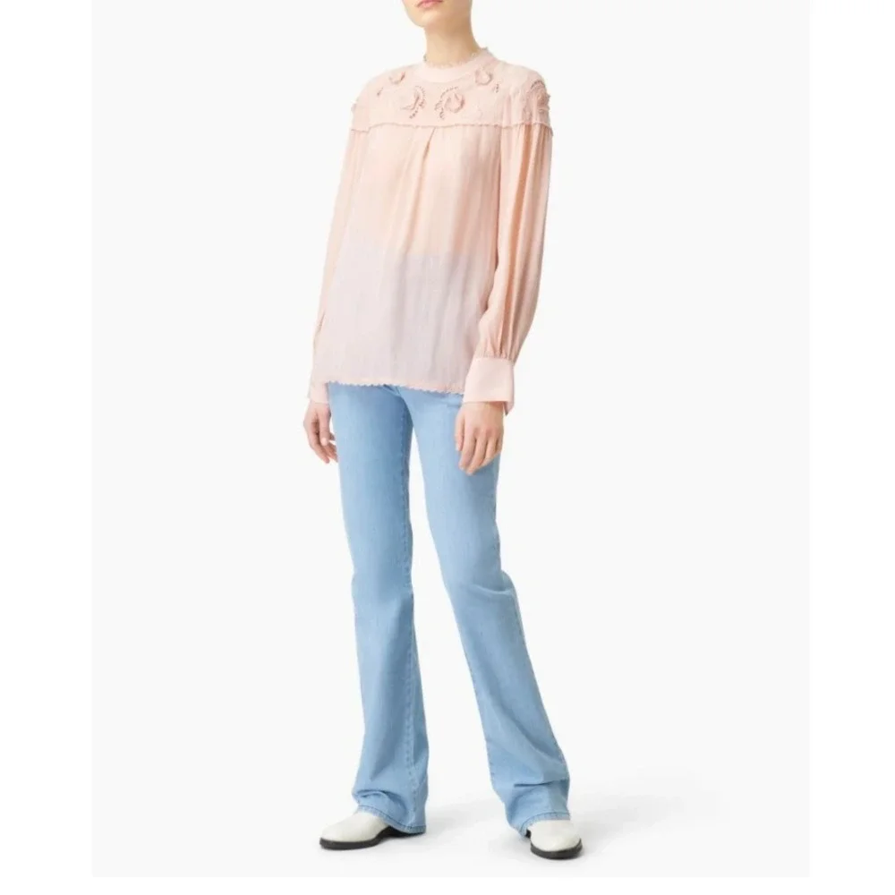 NWT See by Chloe Pullover Blouse Smoky Pink Embroidered Yokes Long Sleeve SZ 36